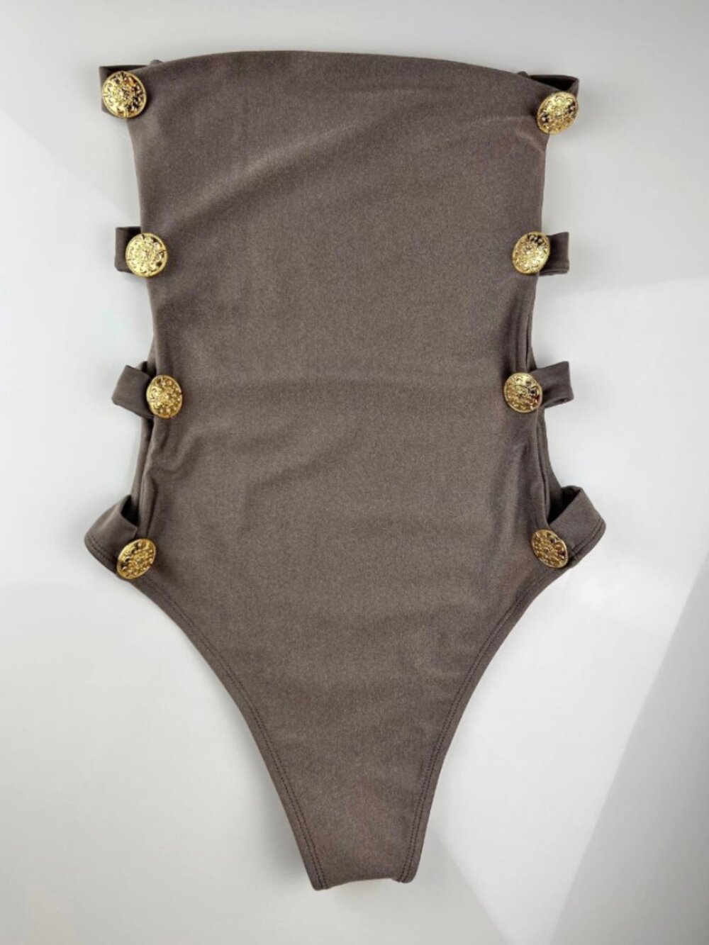 Dark Taupe Strapless One Piece Swimsuit Gold Button Cutout Brazilian